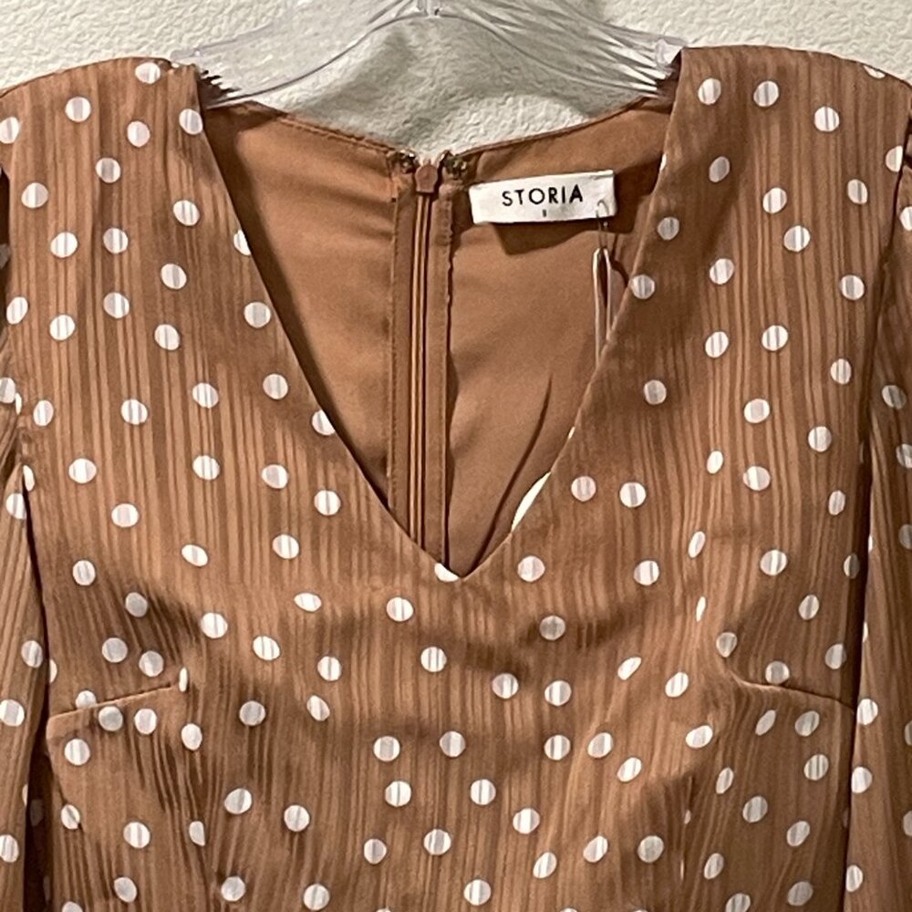 STORIA Long Sleeve Mini Dress V-Neck Ruched Polka Dot  Tan/White Women S - Picture 8 of 13